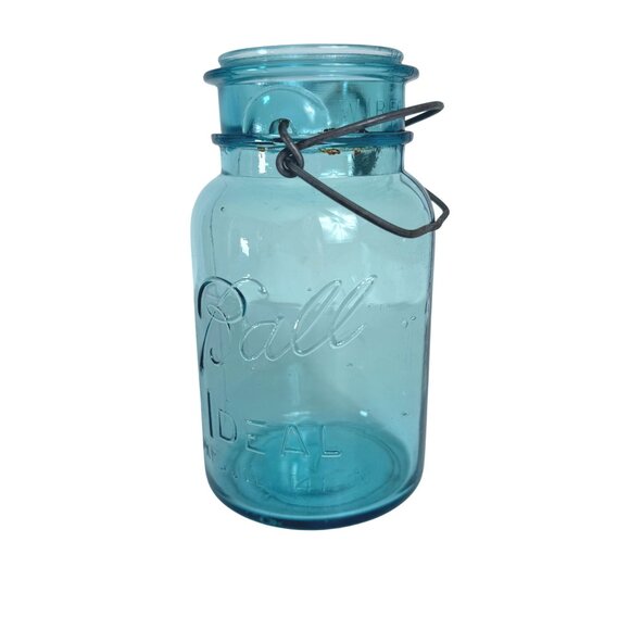 Ball Ideal Aqua Blue Mason Jar Canning Glass Lid Wire Closure VTG Quart Number 1 - Picture 16 of 16